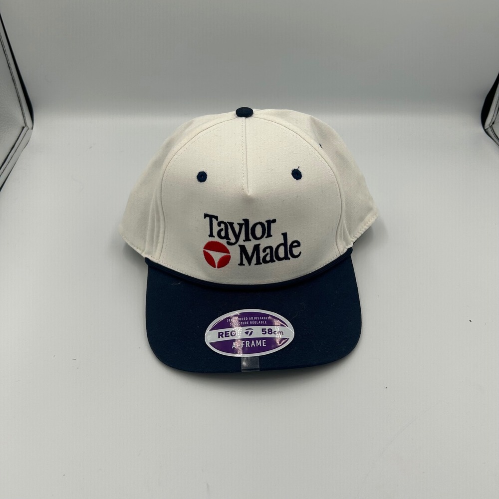 NWT TaylorMade Golf Hat Unisex 58cm White Navy Blue A-Frame Snapback Cap